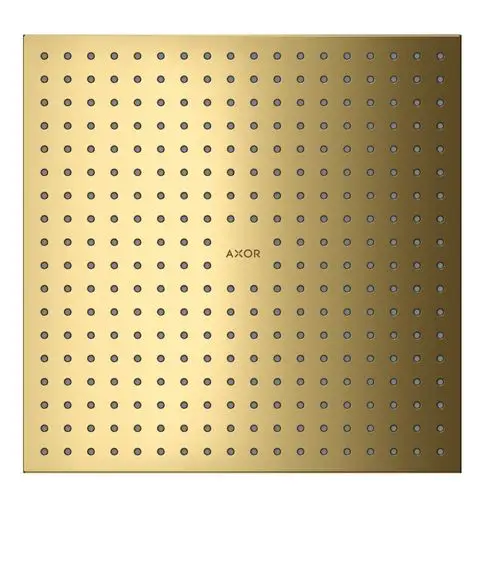 Kopfbrause in polierter Goldoptik mit gleichmäßigen Düsen, Marke AXOR, mit klarer, minimalistischer Oberfläche.
